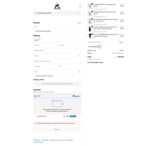 Le Coq Sportif checkout page showing Le Coq Sportif promo code box | Screenshot taken by SimplyCodes community member on Mar 11, 2025