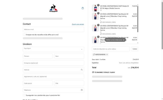 Le Coq Sportif checkout page showing Le Coq Sportif promo code box | Screenshot taken by SimplyCodes community member on May 10, 2025
