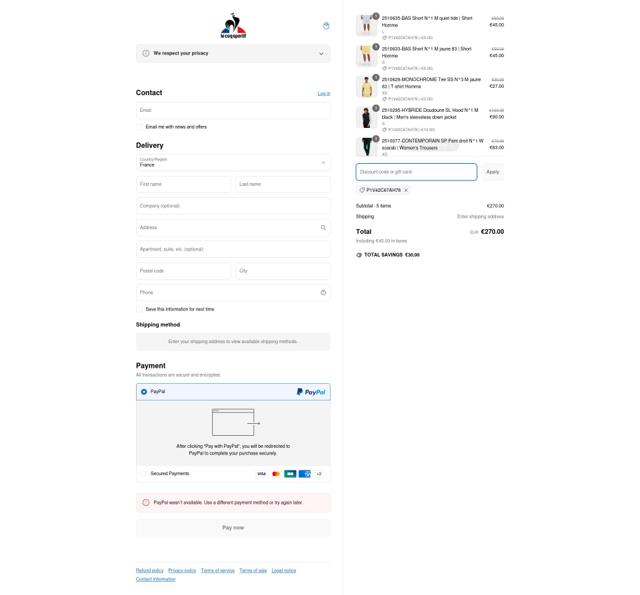 Le Coq Sportif checkout page showing Le Coq Sportif promo code box | Screenshot taken by SimplyCodes community member on Mar 10, 2025