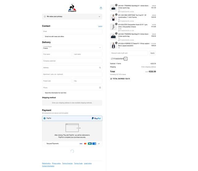 Le Coq Sportif checkout page showing Le Coq Sportif promo code box | Screenshot taken by SimplyCodes community member on Apr 9, 2025