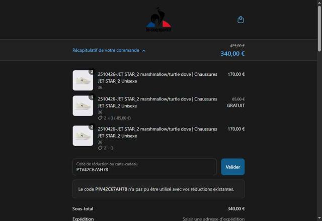 Le Coq Sportif checkout page showing Le Coq Sportif promo code box | Screenshot taken by SimplyCodes community member on Apr 28, 2025