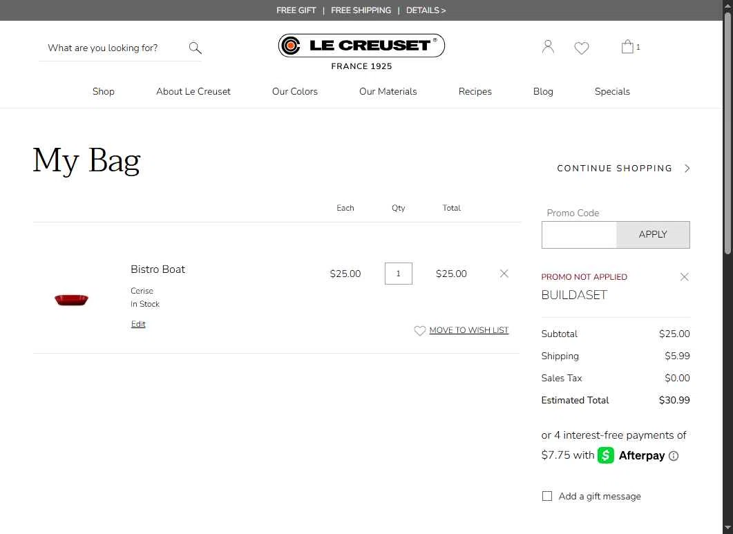 Verification screenshot for 20% Off Building a Set Full Price Items at Le Creuset - 35d ago
