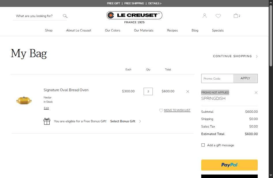 Verification screenshot for Free Gift Storewide (minimum Order $300) at Le Creuset - 57d ago