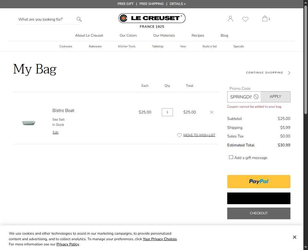 Verification screenshot for Free Gift Storewide (minimum Order $300) at Le Creuset - 46d ago