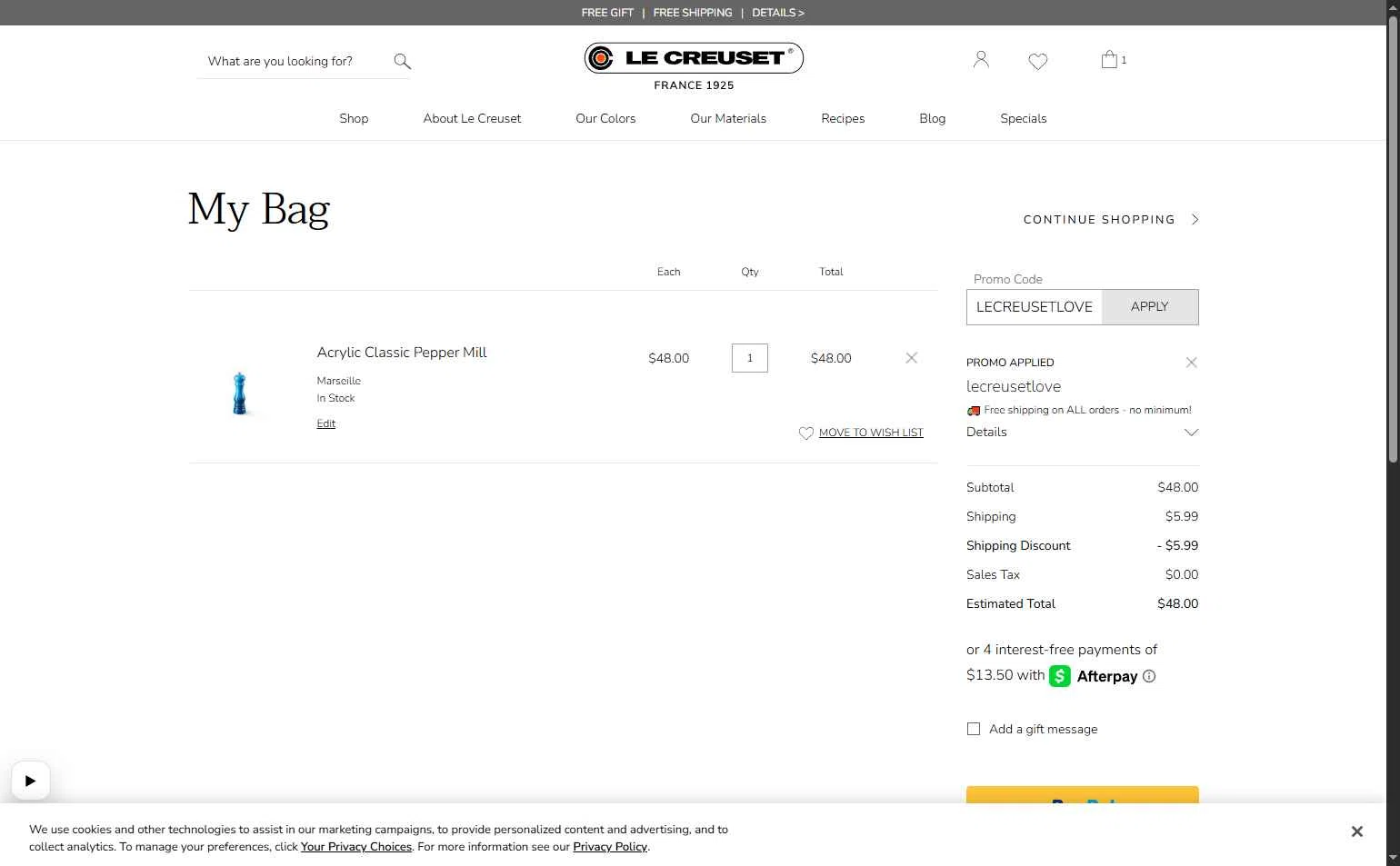 Verification screenshot for Free Shipping On Select Items (Minimum Order: $44) at Le Creuset - 5mo ago