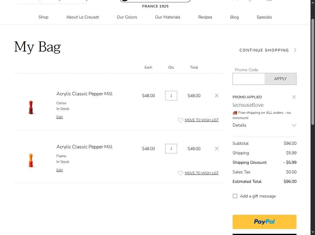 Verification screenshot for Free Shipping On Select Items (Minimum Order: $44) at Le Creuset - 5mo ago