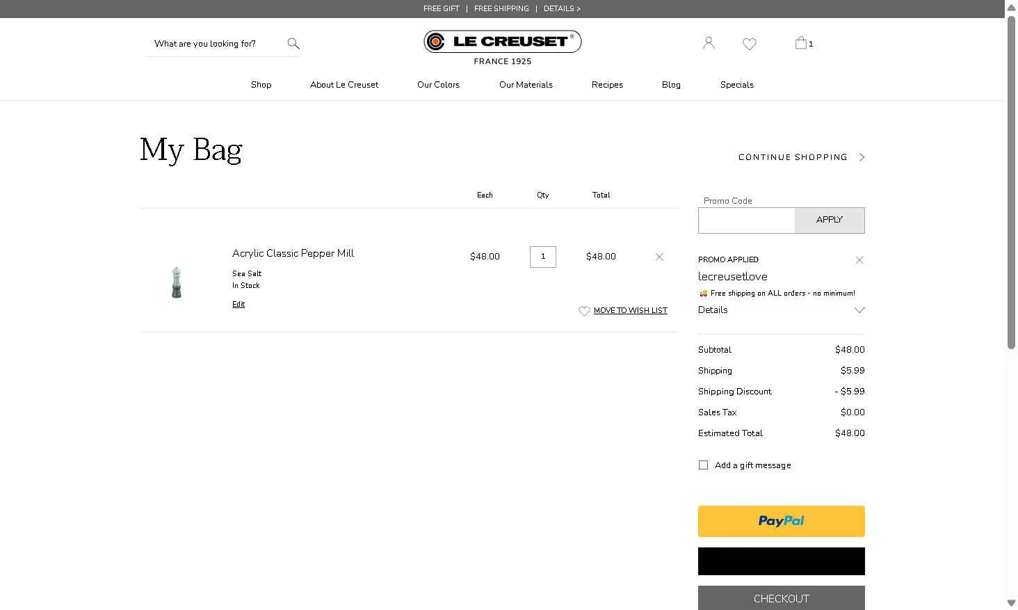 Verification screenshot for Free Shipping On Select Items (Minimum Order: $44) at Le Creuset - 5mo ago