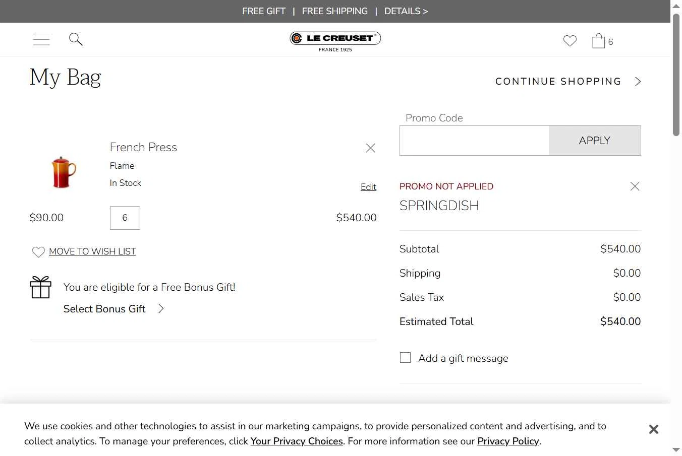 Verification screenshot for Free Gift Storewide (minimum Order $300) at Le Creuset - 57d ago