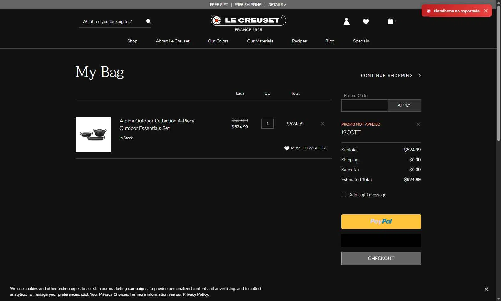 Verification screenshot for 20% Off Select Items at Le Creuset - 23d ago