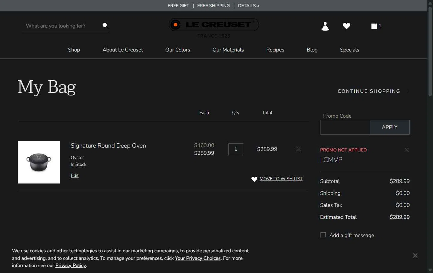 Verification screenshot for 20% Off Select Items at Le Creuset - 36d ago