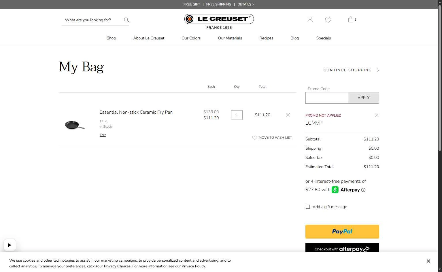 Verification screenshot for 20% Off Select Items at Le Creuset - 3d ago
