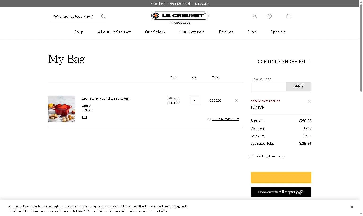 Verification screenshot for 20% Off Select Items at Le Creuset - 14d ago