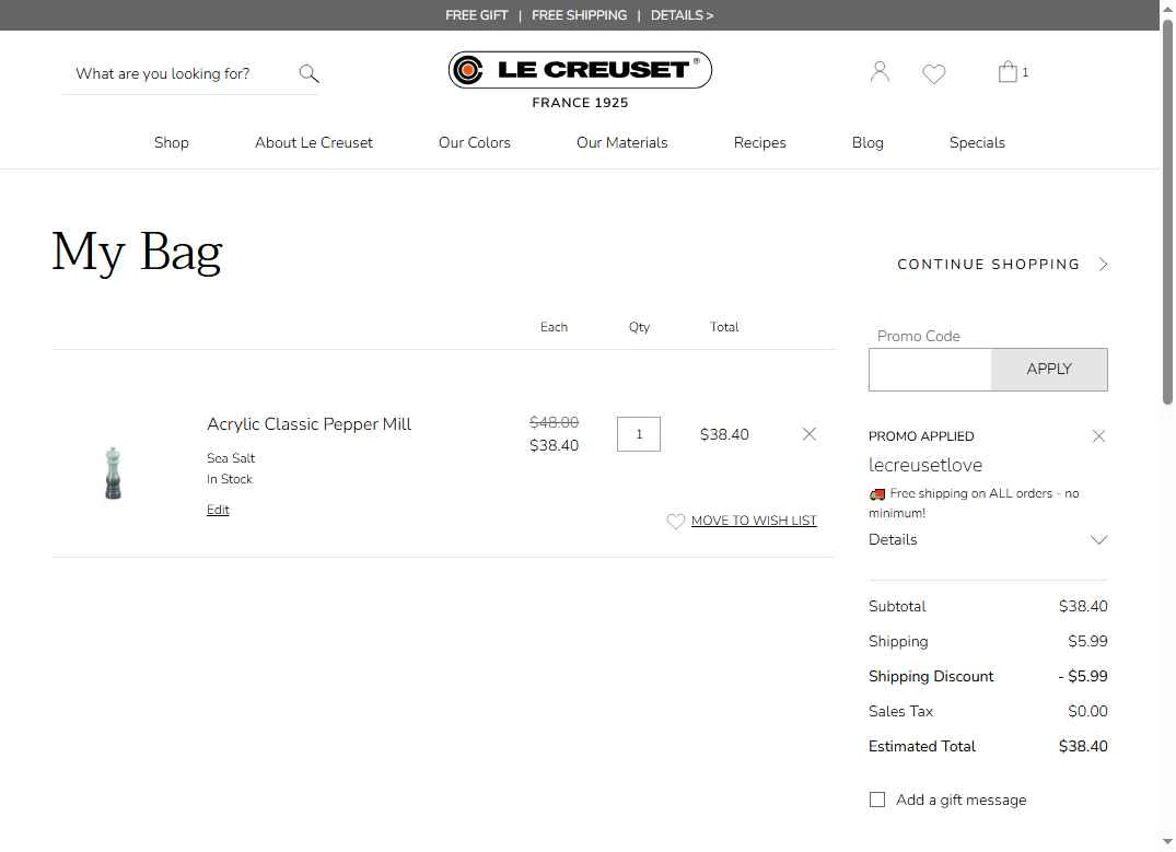 Verification screenshot for Free Shipping On Select Items (Minimum Order: $44) at Le Creuset - 4mo ago