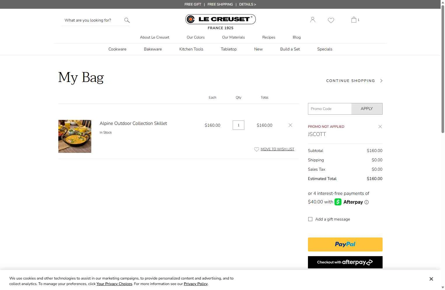 Verification screenshot for 20% Off Select Items at Le Creuset - 45d ago