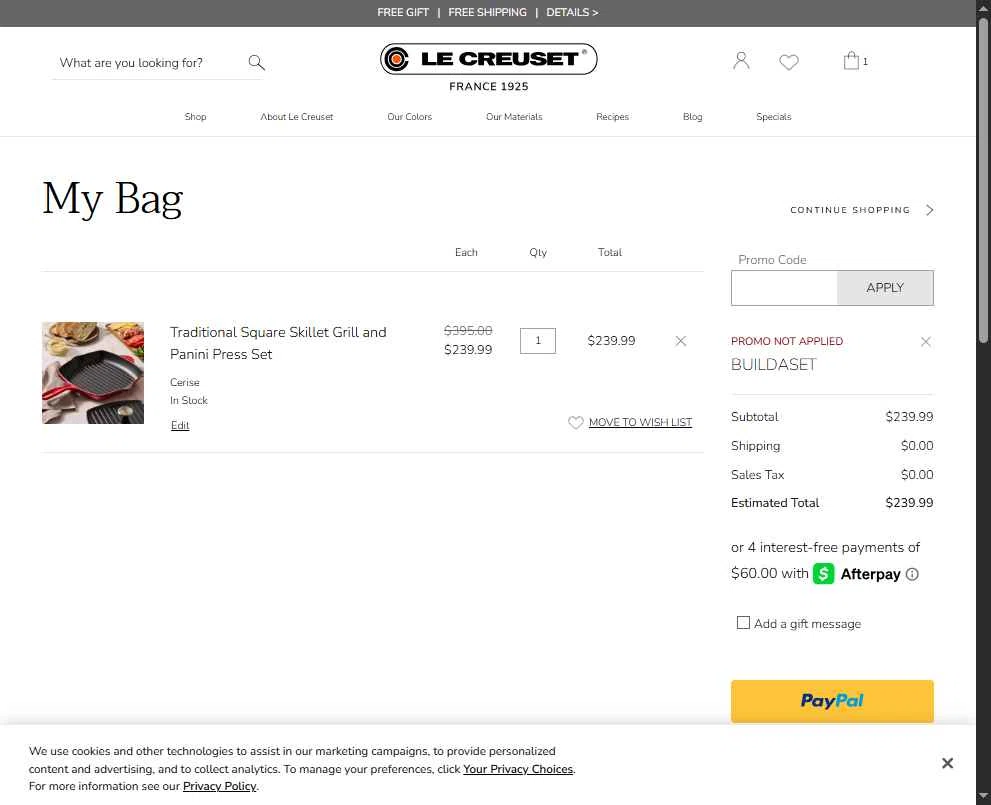 Verification screenshot for 20% Off Building a Set Full Price Items at Le Creuset - 6d ago