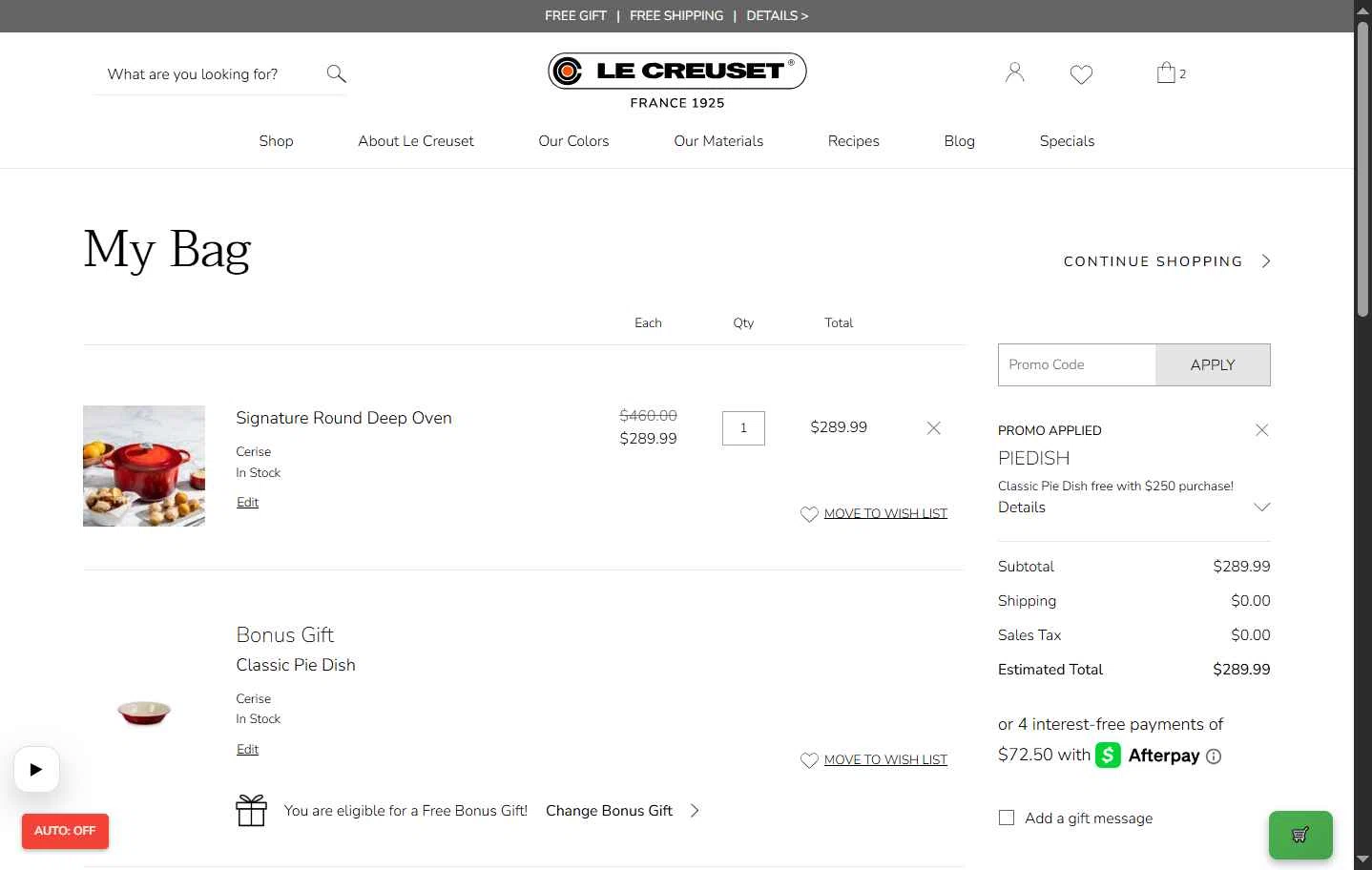 Verification screenshot for Free Classic Pie Dish on (storewide) (minimum Order: $250) at Le Creuset Storewide at Le Creuset - 3d ago