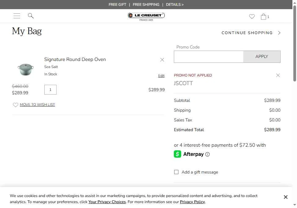 Verification screenshot for 20% Off Select Items at Le Creuset - 1d ago