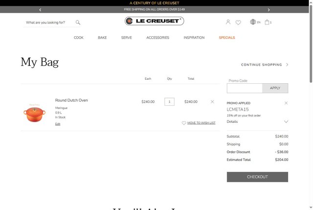 Le Creuset CA checkout page showing Le Creuset CA promo code box | Screenshot taken by SimplyCodes community member on Jun 5, 2025