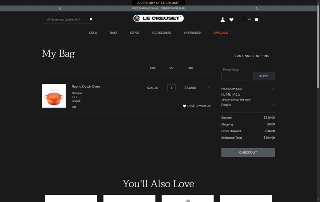 Le Creuset CA checkout page showing Le Creuset CA promo code box | Screenshot taken by SimplyCodes community member on Jun 5, 2025