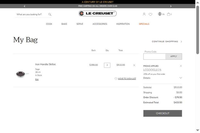 Le Creuset CA checkout page showing Le Creuset CA promo code box | Screenshot taken by SimplyCodes community member on Jul 13, 2025