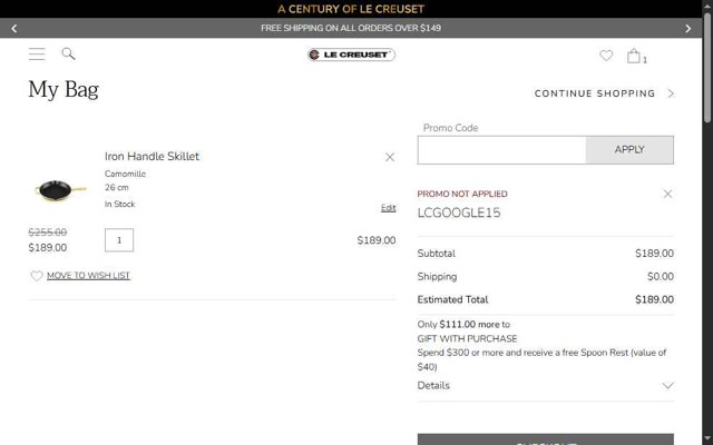 Le Creuset CA checkout page showing Le Creuset CA promo code box | Screenshot taken by SimplyCodes community member on Jul 22, 2025