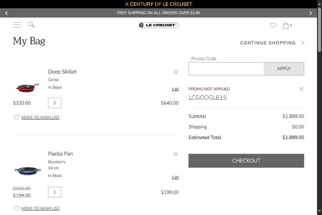 Le Creuset CA checkout page showing Le Creuset CA promo code box | Screenshot taken by SimplyCodes community member on Jul 28, 2025