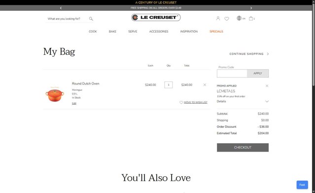 Le Creuset CA checkout page showing Le Creuset CA promo code box | Screenshot taken by SimplyCodes community member on Jun 5, 2025