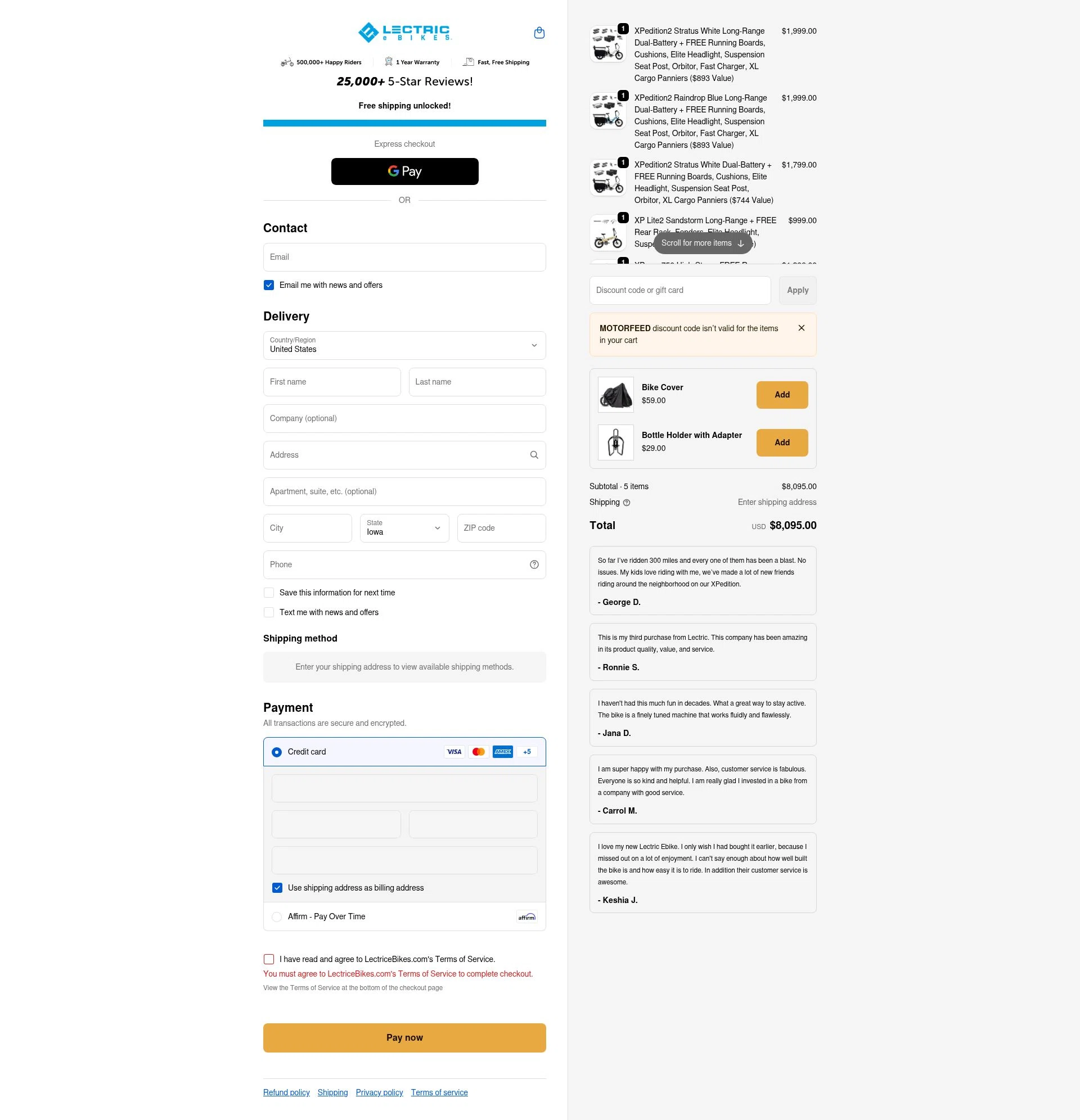 Lectric eBikes checkout page showing Lectric eBikes discount code box | Screenshot taken by SimplyCodes community member on Feb 17, 2026