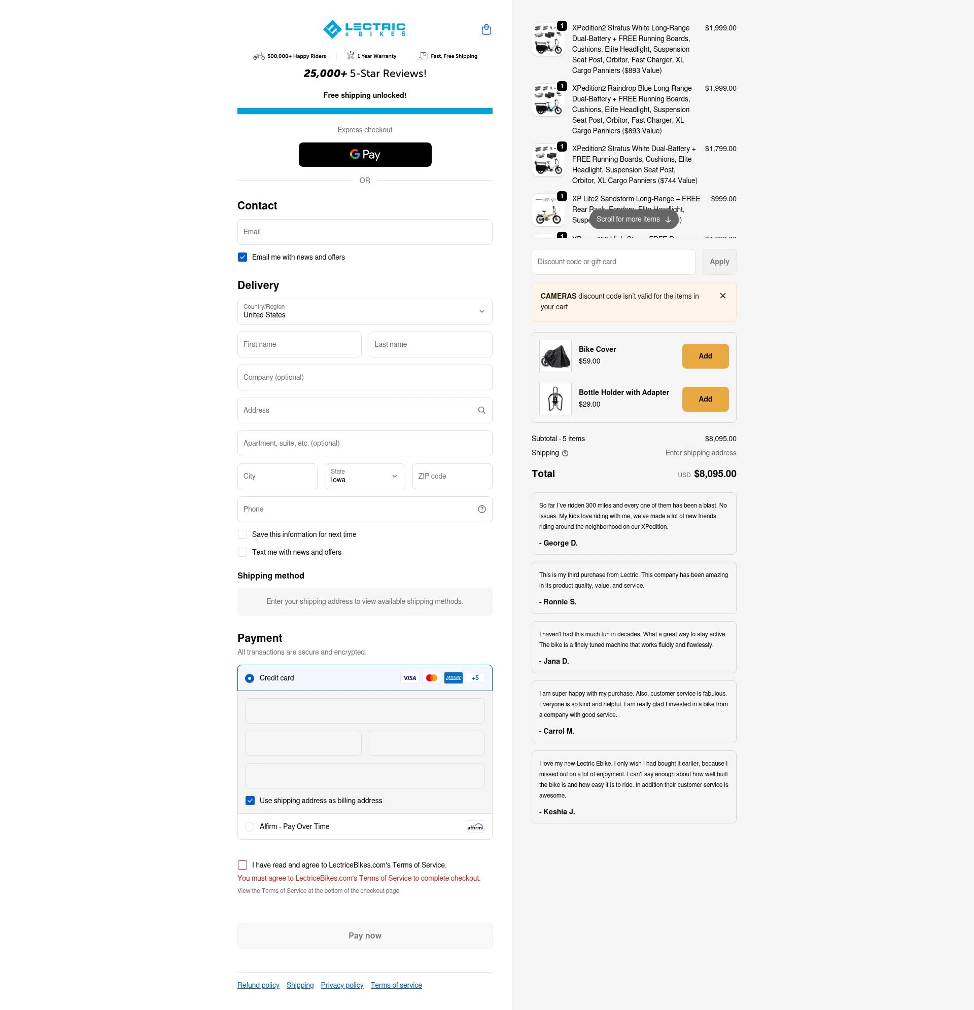 Lectric eBikes checkout page showing Lectric eBikes discount code box | Screenshot taken by SimplyCodes community member on Feb 17, 2026