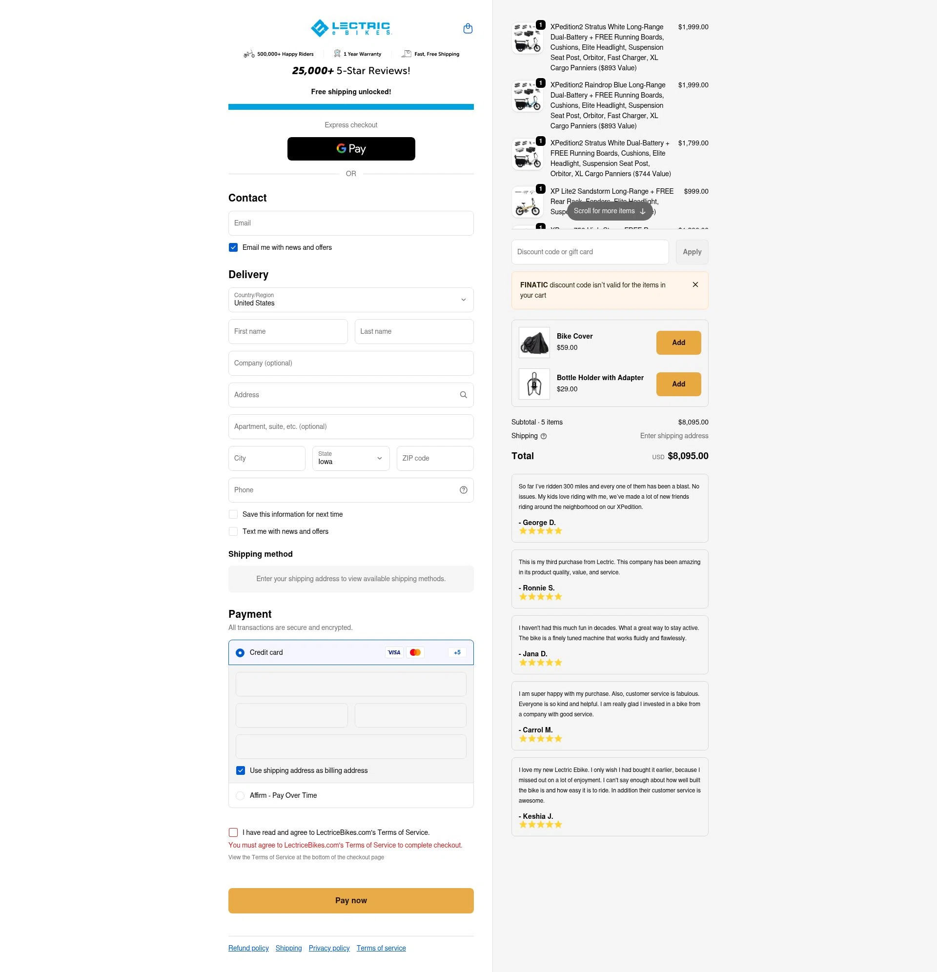 Lectric eBikes checkout page showing Lectric eBikes discount code box | Screenshot taken by SimplyCodes community member on Feb 17, 2026