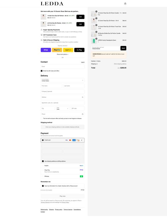 LEDDA checkout page showing LEDDA discount code box | Screenshot taken by SimplyCodes community member on Sep 8, 2025