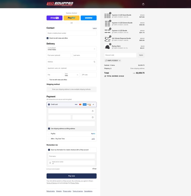 LED Equipped checkout page showing LED Equipped discount code box | Screenshot taken by SimplyCodes community member on Aug 13, 2025