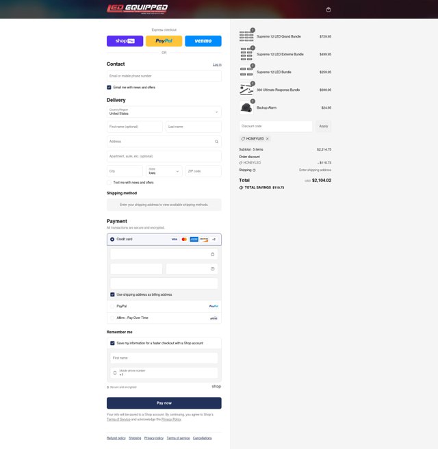 LED Equipped checkout page showing LED Equipped discount code box | Screenshot taken by SimplyCodes community member on Aug 13, 2025
