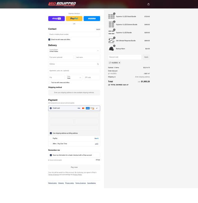 LED Equipped checkout page showing LED Equipped discount code box | Screenshot taken by SimplyCodes community member on Aug 13, 2025