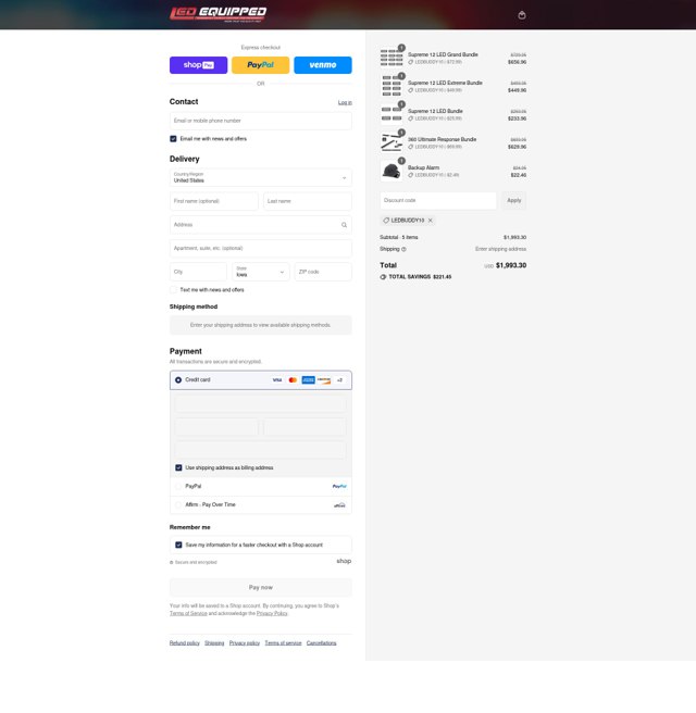 LED Equipped checkout page showing LED Equipped discount code box | Screenshot taken by SimplyCodes community member on Aug 13, 2025