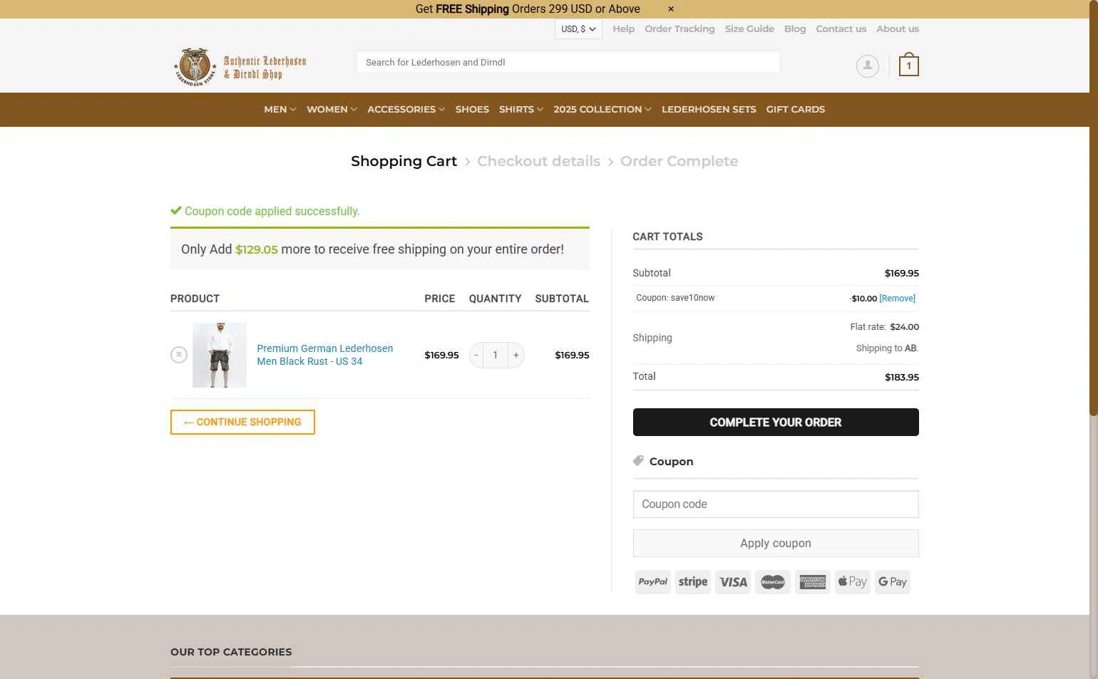 Lederhosen Store checkout page showing Lederhosen Store coupon code box | Screenshot taken by SimplyCodes community member on Aug 30, 2025