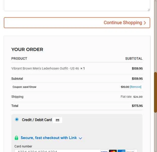 Lederhosen Store checkout page showing Lederhosen Store coupon code box | Screenshot taken by SimplyCodes community member on Sep 20, 2025