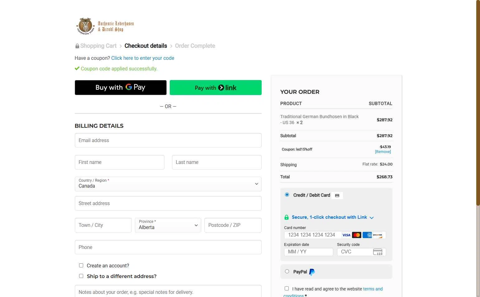 Lederhosen Store checkout page showing Lederhosen Store coupon code box | Screenshot taken by SimplyCodes community member on Aug 3, 2025