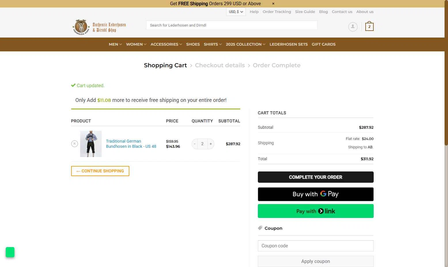 Lederhosen Store checkout page showing Lederhosen Store coupon code box | Screenshot taken by SimplyCodes community member on Aug 14, 2025