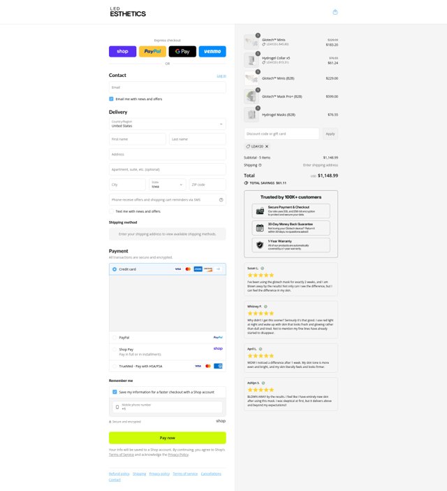 LED Esthetics checkout page showing LED Esthetics discount code box | Screenshot taken by SimplyCodes community member on Sep 5, 2025