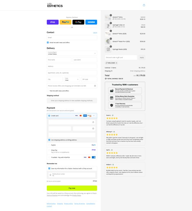 LED Esthetics checkout page showing LED Esthetics discount code box | Screenshot taken by SimplyCodes community member on Aug 31, 2025
