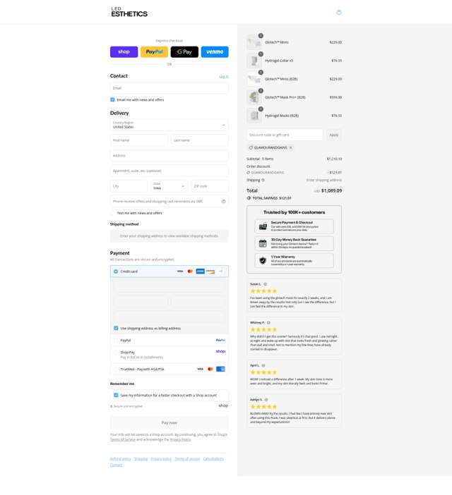 LED Esthetics checkout page showing LED Esthetics discount code box | Screenshot taken by SimplyCodes community member on Sep 5, 2025