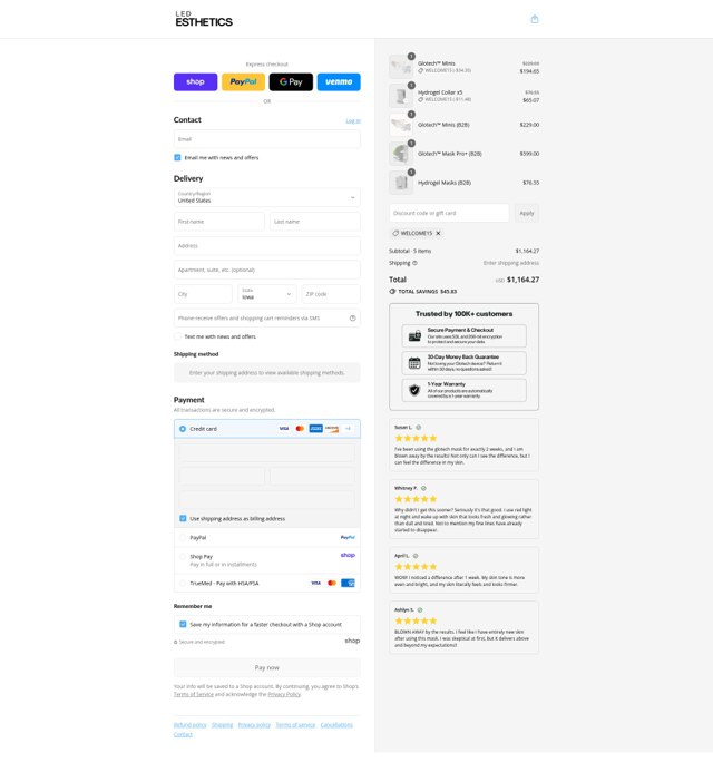 LED Esthetics checkout page showing LED Esthetics discount code box | Screenshot taken by SimplyCodes community member on Sep 5, 2025