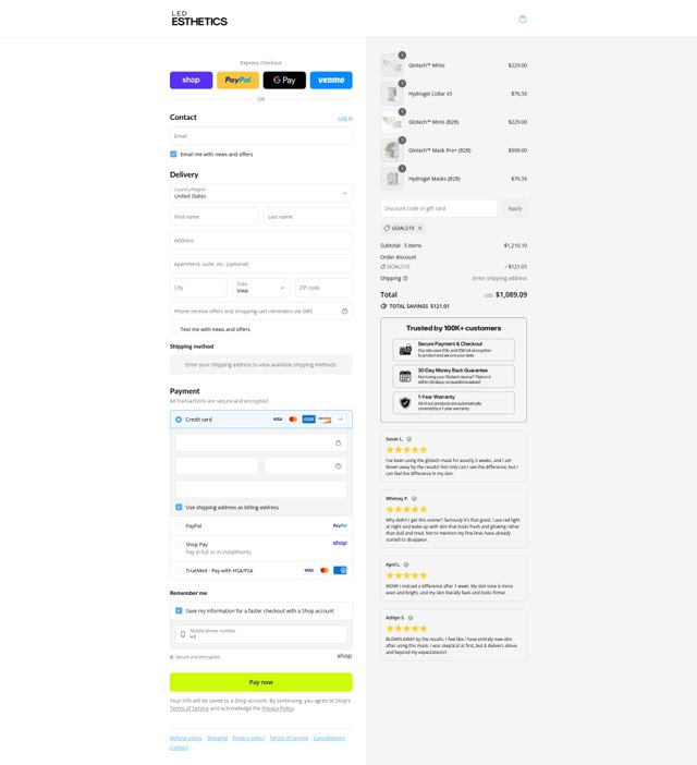 LED Esthetics checkout page showing LED Esthetics discount code box | Screenshot taken by SimplyCodes community member on Sep 5, 2025