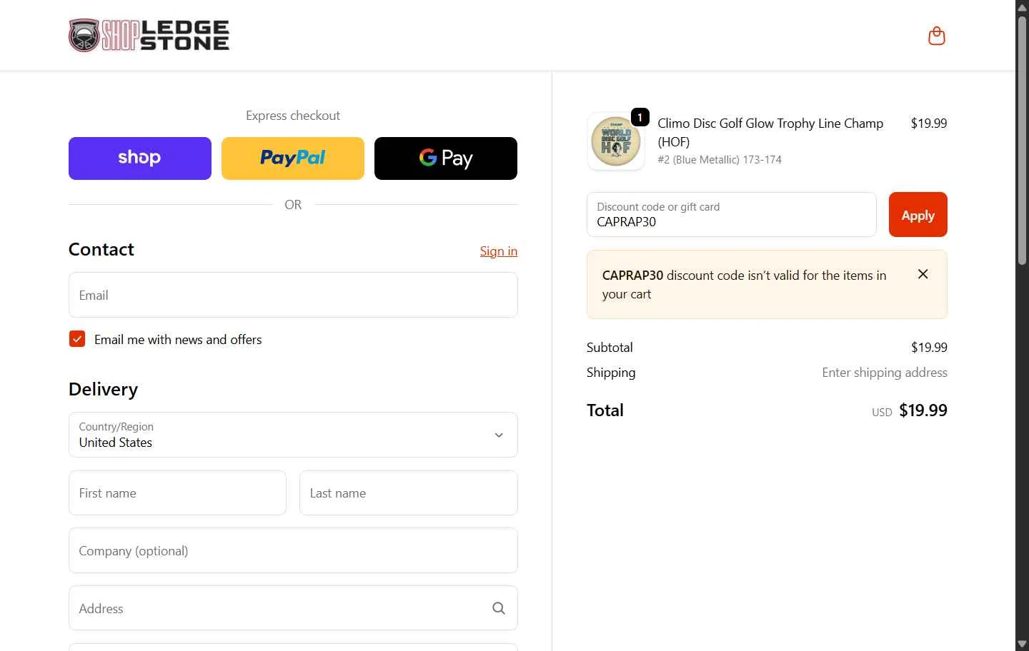 Ledgestone checkout page showing Ledgestone discount code box | Screenshot taken by SimplyCodes community member on Oct 18, 2025