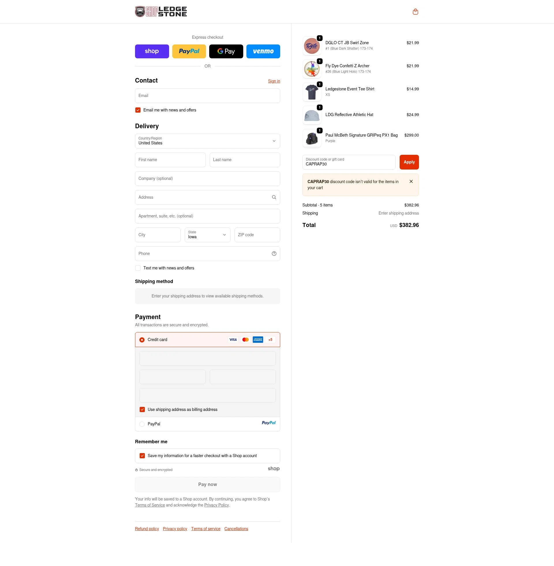 Ledgestone checkout page showing Ledgestone discount code box | Screenshot taken by SimplyCodes community member on Oct 23, 2025