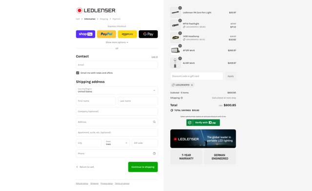 Ledlenser USA checkout page showing Ledlenser USA promo code box | Screenshot taken by SimplyCodes community member on Aug 22, 2025