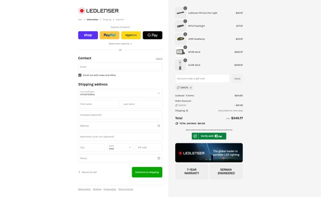 Ledlenser USA checkout page showing Ledlenser USA promo code box | Screenshot taken by SimplyCodes community member on Aug 30, 2025