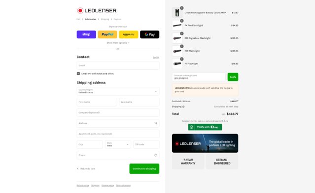 Ledlenser USA checkout page showing Ledlenser USA promo code box | Screenshot taken by SimplyCodes community member on Sep 3, 2025