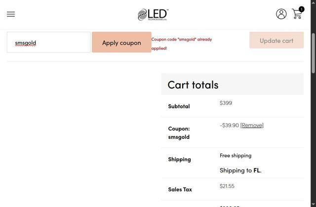 LED Technologies checkout page showing LED Technologies promo code box | Screenshot taken by SimplyCodes community member on Jul 31, 2025